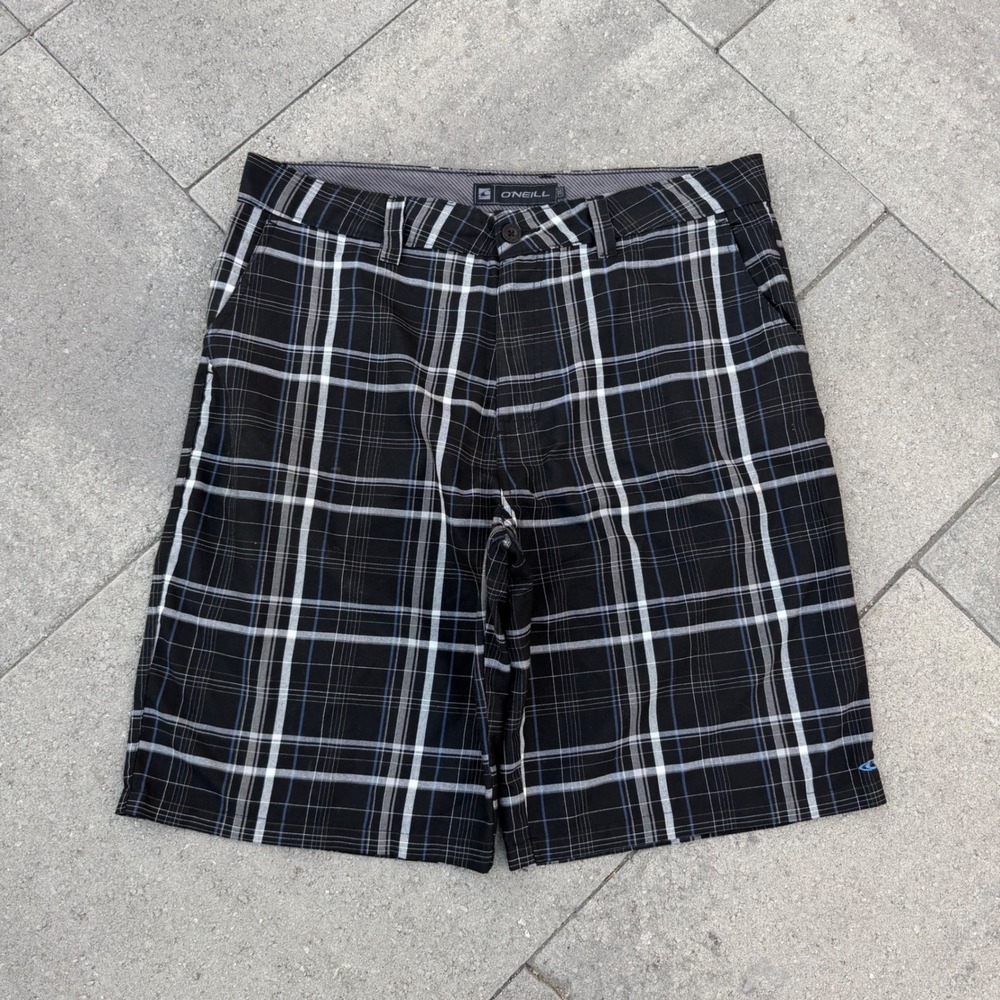 ONeill Mens Black Plaid Hybrid Boardshorts Walk Shorts Size 36